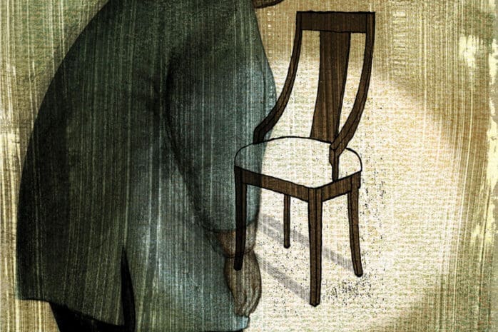 An illustration of a person looking at a chair