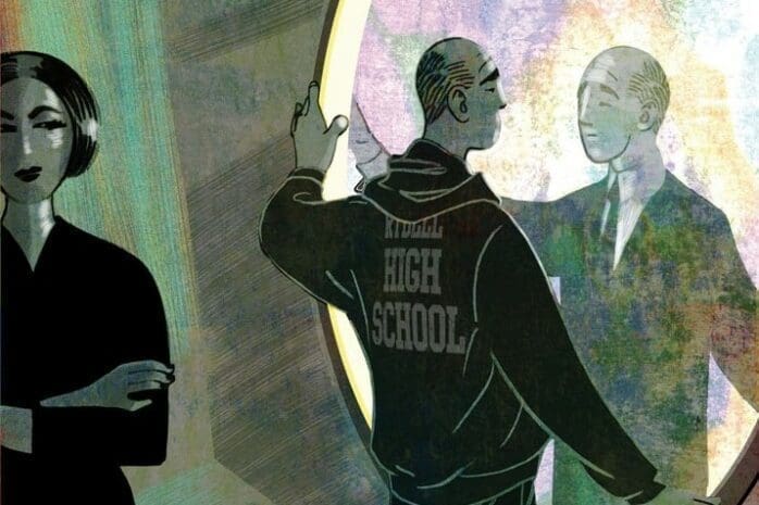 An illustration of a man wearing a high school sweater looking in a mirror