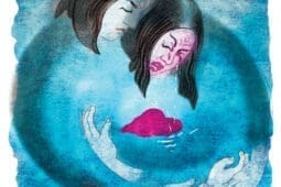 An illustration of two faces, one crying, comforting each other