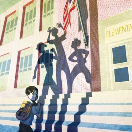 A young boy approaches his school as shadows of threatening figures appear before him