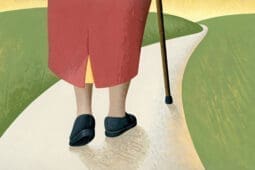 An illustration of an old woman using a cane to walk down a path