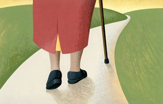 An illustration of an old woman using a cane to walk down a path