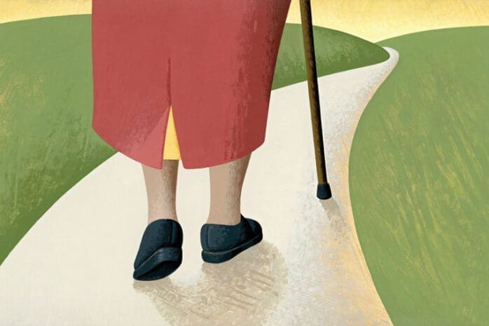 An illustration of an old woman using a cane to walk down a path