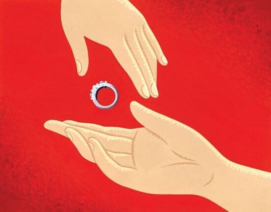 An illustration of a hand passing a ring to another hand