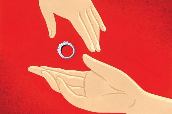 An illustration of a hand passing a ring to another hand