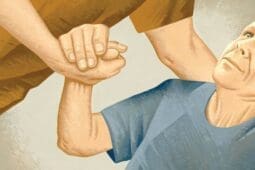 An illustration of an older man holding someone's hand