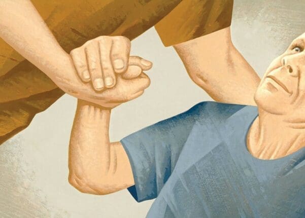 An illustration of an older man holding someone's hand