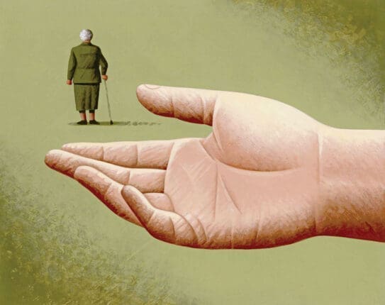 An illustration of a hand outstretched towards a woman walking away