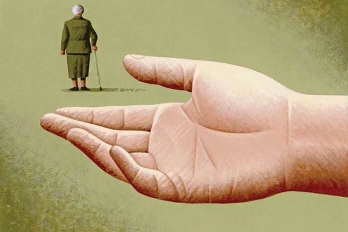 An illustration of a hand outstretched towards a woman walking away