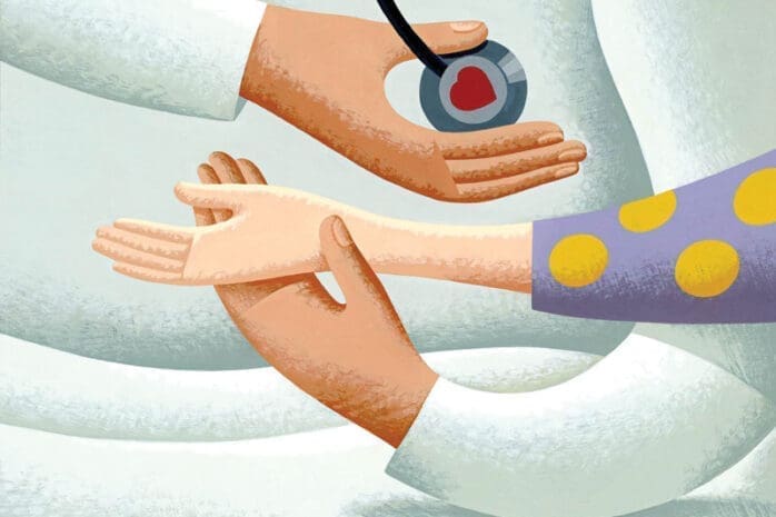 An illustration of a doctor holding a stethoscope to a patient