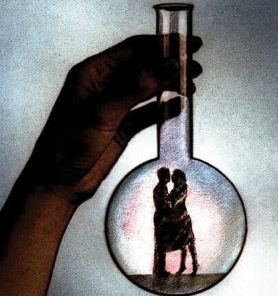 An illustration of a hand holding a beaker with a couple kissing inside