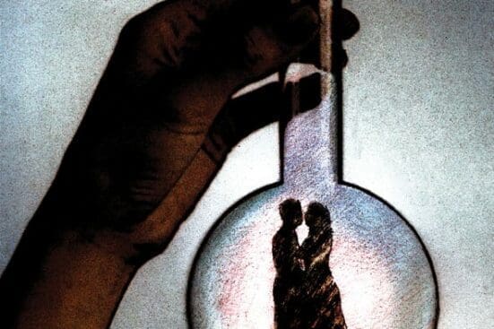 An illustration of a hand holding a beaker with a couple kissing inside