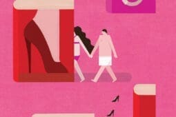 An illustration of a man and woman walking into a room with a large high heel in it