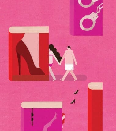 An illustration of a man and woman walking into a room with a large high heel in it