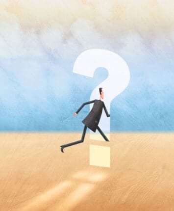 An illustration of a man running into a question mark