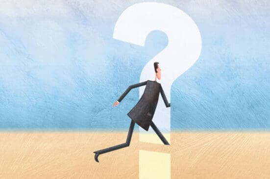 An illustration of a man running into a question mark