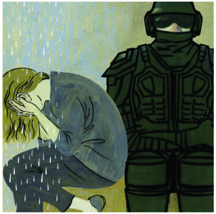 A woman cries next to an armored man