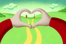 An illustration of someone holding their hands in the shape of a heart, looking at two people down a path