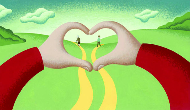 An illustration of someone holding their hands in the shape of a heart, looking at two people down a path