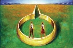 An illustration of two people walking on a gold ring in opposite directions