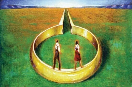 An illustration of two people walking on a gold ring in opposite directions