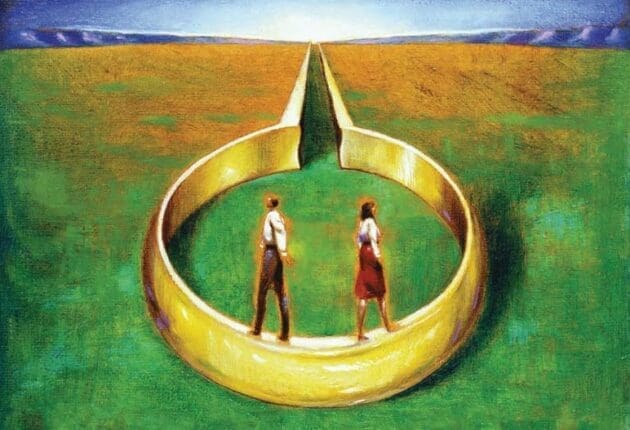 An illustration of two people walking on a gold ring in opposite directions