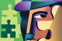 An illustration of a detective against a background of puzzle pieces