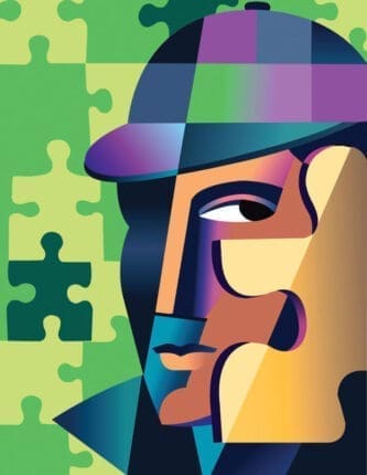 An illustration of a detective against a background of puzzle pieces