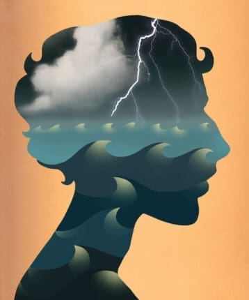 A silhouette of a person with a stormy sea inside