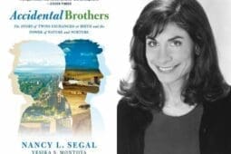 A headshot of a woman and the cover of "Accidental Brothers"