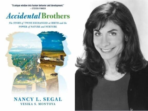 A headshot of a woman and the cover of "Accidental Brothers"