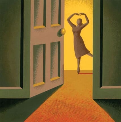 A woman dancing in an open doorway