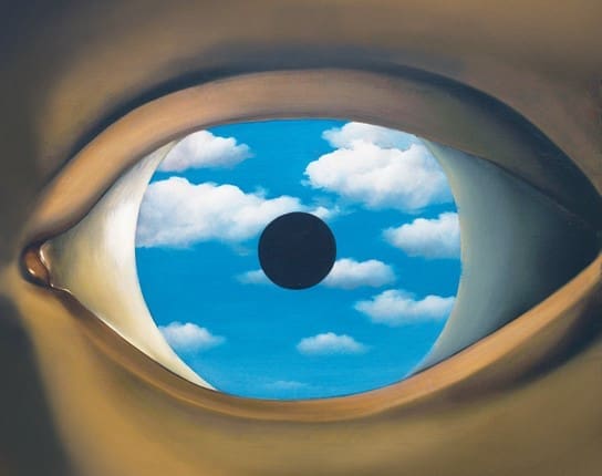 An illustration of an eye with a cloudy sky in the iris