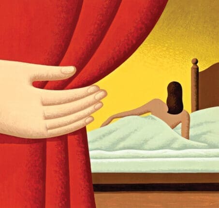 An illustration of a hand drawing back a curtain to reveal a nude woman in bed