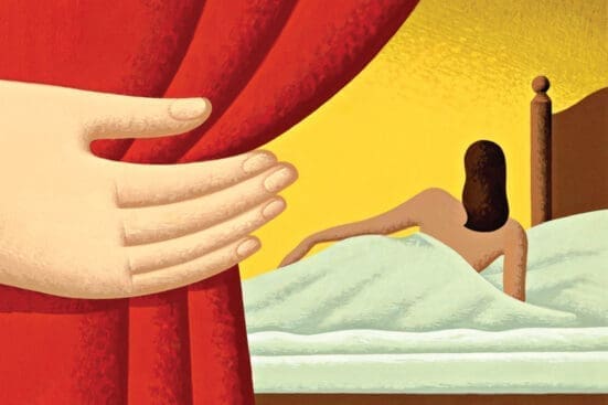 An illustration of a hand drawing back a curtain to reveal a nude woman in bed