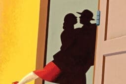 An illustration of two people dancing through a doorway