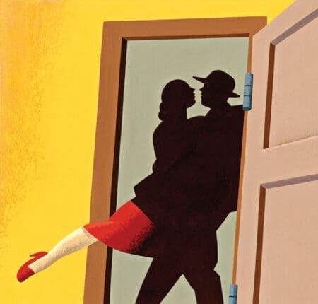 An illustration of two people dancing through a doorway