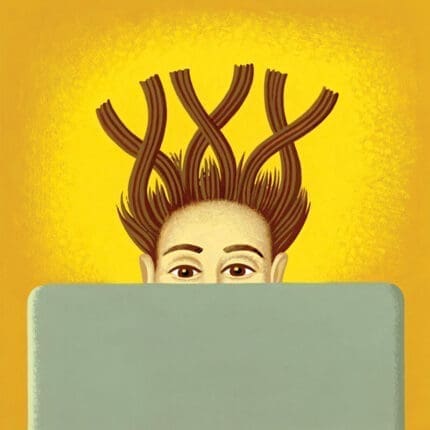 A person behind a computer screen with their hair in the shape of three "Xs"