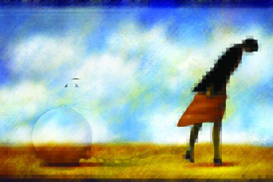 An illustration of a person walking with an invisible ball and chain