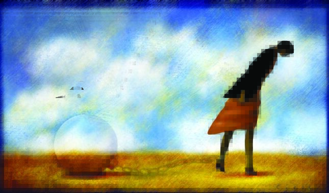An illustration of a person walking with an invisible ball and chain