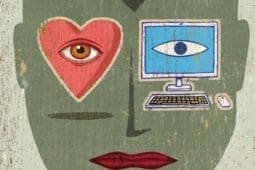 An illustration of a face with a computer and heart for eyes