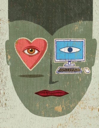 An illustration of a face with a computer and heart for eyes