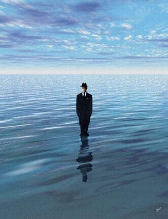 A man in a suit stands in a body of water