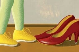 An illustration of a young person's feet standing next to a pair of high heels