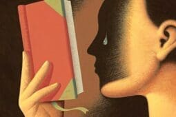 An illustration of a person reading a book, crying