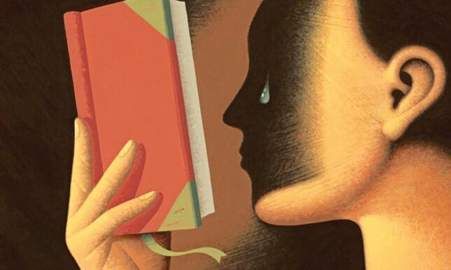 An illustration of a person reading a book, crying