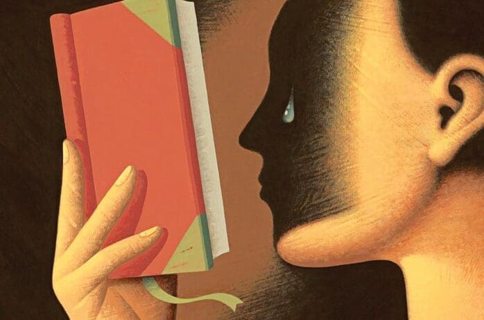 An illustration of a person reading a book, crying