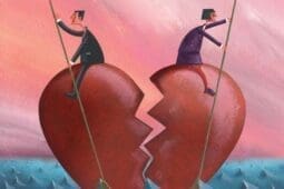 Two people on a broken heart in an ocean, rowing in opposite directions