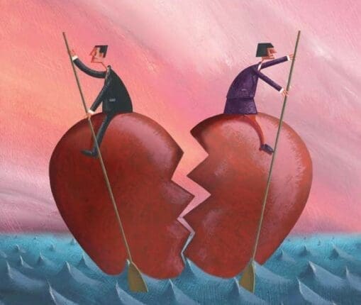 Two people on a broken heart in an ocean, rowing in opposite directions