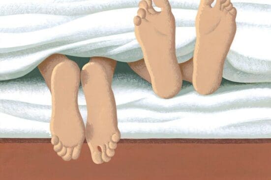 An illustration of two pairs of feet in bed